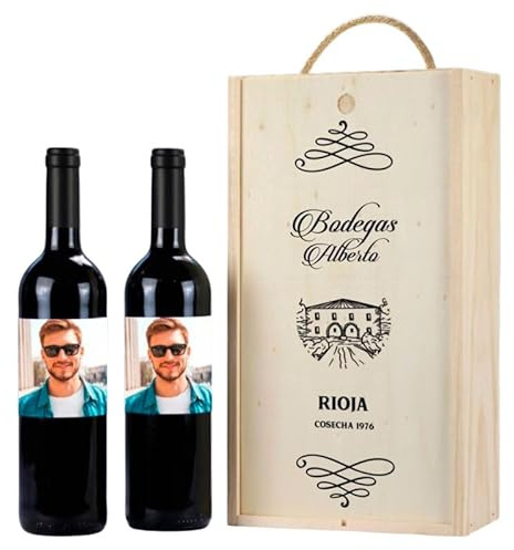 Regalisimos Botella de Vino Personalizada con Foto Caja Regalo Pareja Amigo Amiga Novio Novia San Valentín Cumpleaños día del Padre Cosecha (Caja 2 Botellas)