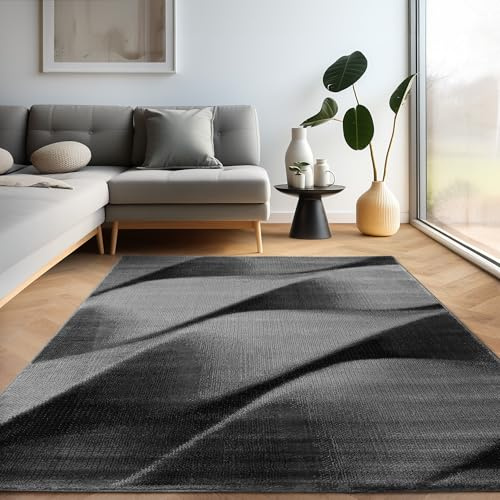 Carpettex Teppich Wohnzimmer Schlafzimmer Modern Kurzflor Abstrakt Wellen Design Robust Weich, Farbe: Schwarz, Größe: 80 x 150 cm