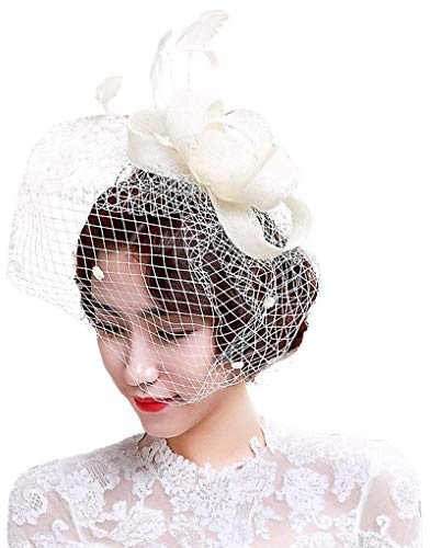 FakeFace Fascinator Hüte mit Feder Blumen Haar Clip Haarreif Haar Accessoire Netz-Mütze Schleier Tea Party Hochzeit Kirche Haarschmuck Kopfschmuck Kopfbedeckung für Frauen