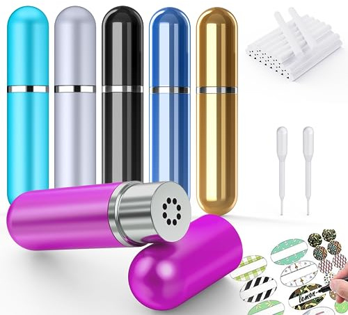 6 Pack Aromatherapy Nasal Inhaler Tubes for Essential Oils, Portable Reusable Blank Aluminum Nasal Inhalers with 2 Mini droppers 24 Cotton Wicks and 24 Writable Stickers