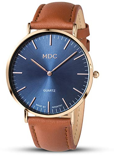 Infantry MDC Gents Minimalist Watch, Rose Gold Case Blue Dial, Leather Band