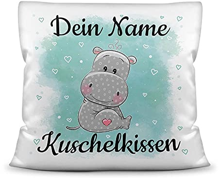 Print Royal Kissen mit Füllung für Kinder - Tiermotiv Nilpferd - für Mädchen und Jungs - mit Wunschname beschriften - Nilpferd - Kissen Polyester - Weiß, 40 x 40 cm
