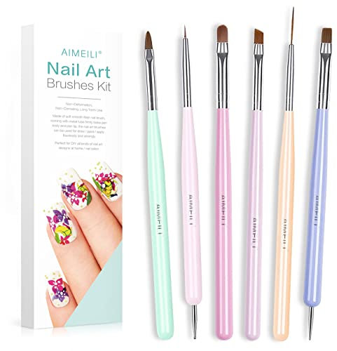 AIMEILI 6pcs Nail Art Brushes, Gel Nail Polish Nail Art Design Painting Tools Set with Double Ended Nail Art Brushes, Nail Extension Gel Brush, Nail Drill Drawing Brush Pen