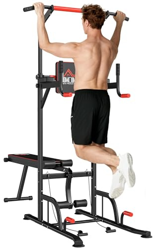 HOMCOM Torre Entrenamiento Energía Power Tower Estación Pull Up Multifuncional Ajustable en Altura con Banco Plegable Barra de Dominadas para Fitness 220x98x181-229 cm Negro
