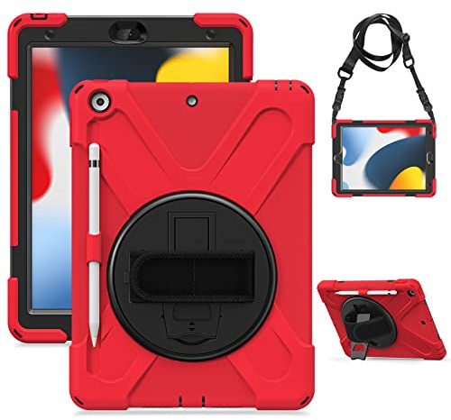 Gerutek Coque pour iPad 10,2 9ème/8ème/7ème Génération, Étui Antichoc Robuste, Support Pivotant, Bandoulière/Dragonne, Housse Hybride Résistante pour iPad 10,2 2021/2020/2019, Rouge