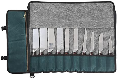 Professionelle Kochmessertasche mit schnittfestem Material, strapazierfähigem, gewachstem 16-Unzen-Segeltuch, 11 Fächern und strapazierfähigem Griff und verstellbarem Schultergurt (Dunkelgrün)