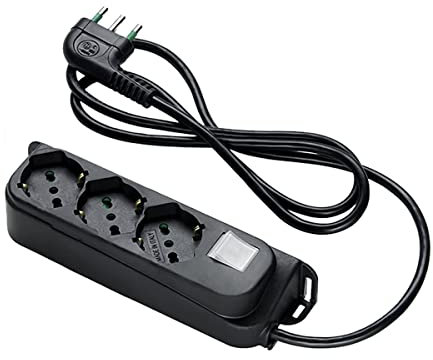 Fanton S.P.A. 47461 Multipresa OMEGA ciabatta nera 3 prese bipasso 16A - cavo 1,5 m. - spina a squadra grande italiana - scarpetta+ interruttore bipolare luminoso banca made in italy