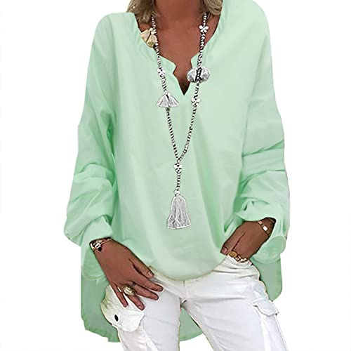Leinenbluse Damen Sommer Tunika V-Ausschnitt Große Größen Blusenshirt Langarmshirt Leinen Baumwolle Hemd Oberteile Shirt