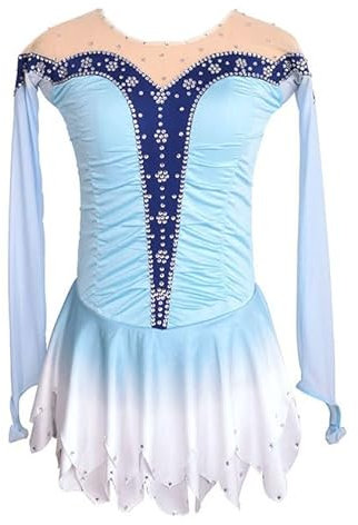 JRUIA Professionelles Eiskunstlauf Kleid Für Damen Eislauf Outfits Für Mädchen Mesh Saum Mit Farbverlauf Mikro Elastisch Wettkampf Eislaufbekleidung Trikot Für Rhythmische Gymnastik,Blau,M