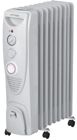 UTTAM 2000W Oil Filled Radiator, 9 Fin - Portable Electric Heater - 3 Heat Settings, Built-in Timer, Adjustable Thermostat, Safety Cut-Off & 24 Hour Timer, 1.5m Cord - White
