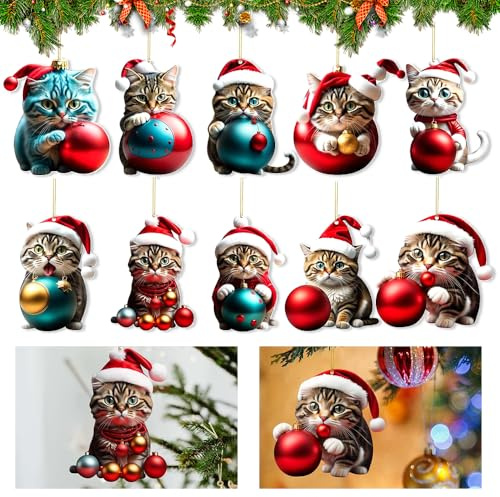 Adornos de Navidad de Gatos,10 Piezas Colgante de árbol de Navidad de gato de acrílico 2D,árbol de Navidad colgante de gato,Decoración navideña Gatos,Lindos Adornos de Navidad para Hogar y Coche