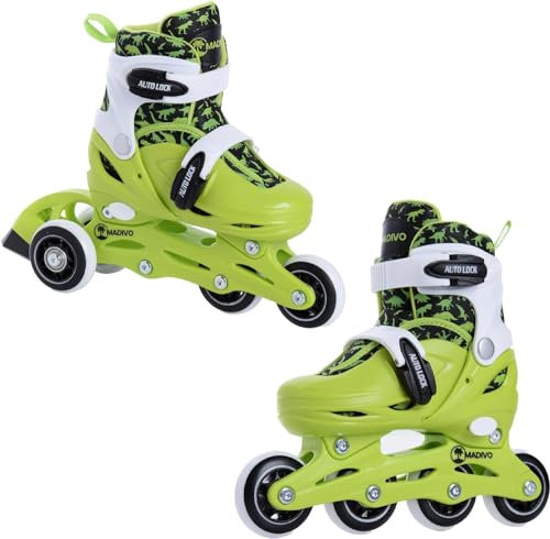 Madivo Dino Kinder Set 2in1 Inliner/Triskates VERSTELLBAR | ABEC-5 Rollschuhe | Inlineskates umbaubar zu Rollschuhe | Grün/Schwarz | Größen: 26-29, 30-33 (S (30-33))