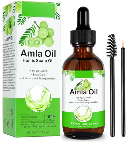 Amla Ätherisches Öl für Haare, 60 ml Amla-Öl verleiht verstärkte Wurzeln und kräftiges Haar, 100 % natürliches Bio-Öl für Augenbrauen und Wimpern, regt das Haarwachstum an (Amla Oil)