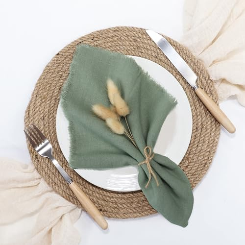 keypan Sage Green Cloth Napkins Set of 6, Linen Cotton Table Rustic Fabric Napkin Washable Bulk with Fringe for Thanksgiving Dinner Wedding Party 17x17 inch