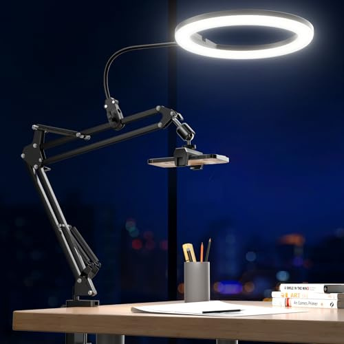 UBeesize 10 Ring Light with Overhead Phone Mount, LED Selfie Light with Stand and Phone Holder, Desk Light for iPhone, Desk Tripod for Video Recording, YouTube, TikTok, Live Stream, Cooking, Vlog