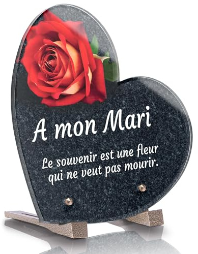 Plaque Funéraire Coeur Personnalisée - Rose Granit - Textes personnalisables, plusieurs lignes - Résistante aux Intempéries et Traitée Anti UV (25x25 cm (standard))