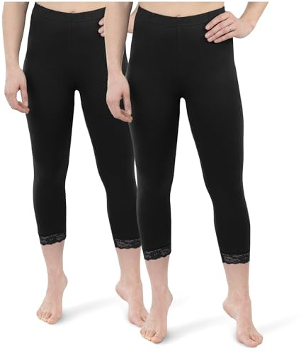 SES Lot de 2 Leggings Capri avec Dentelle - 32-34 - 56-58 - en Coton - Legging Opaque avec Dentelle - Legging 3/4 - en Coton - avec Dentelle - Ajustement Parfait