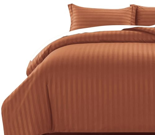 MOONLIGHT20015 - Set copripiumino reversibile a righe, in raso, super king size, con 2 federe, morbido, ipoallergenico (Rosso 260 x 220)