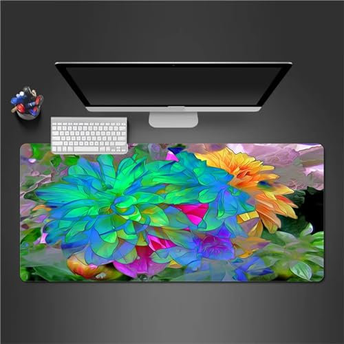 QiHon Gaming Mauspad XXL Abstrakte Grüne Blume Großes Mauspad Schreibtischauflage mit Vernähte Kanten Einer speziellen Oberfläche verbessert Geschwindigkeit und Präzision 900x400x2mm