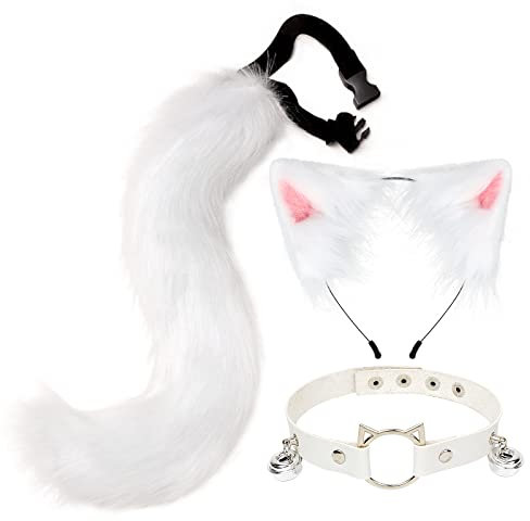 ZGPjubilant Haarreif mit Plüsch-Katzenohren, Fuchsschwanz-Zubehör, Cosplay-Kostüm, Tierohren-Set, Halsband, Haarspange (Gelb-Schwarz) (Weiß)