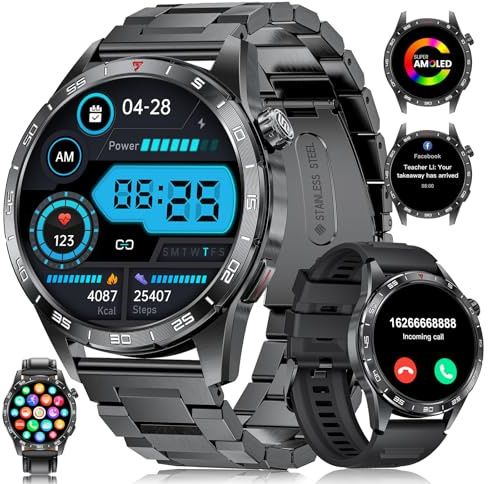 LIGE Smartwatch Uomo con 3 Cinturini, Batteria 400mAh 1.43 HD AMOLED Orologio Smartwatch con Chiamate Bluetooth, 113 Modalità Sport, 24H Cardiofrequenzimetro Sonno, IP68 Smart Watch per Android iOS