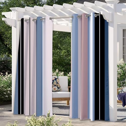 Treer Outdoor Vorhang Wasserdicht mit Ösen (1.6 inch) 2er Set, Outdoorvorhänge Sichtschutz Sonnenschutz für Balkon Terrasse Garten Pavillon (W137*L203cm,Blaue Streifen)