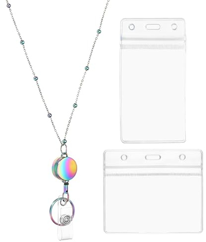 PATIKIL Halsband med ID-hållare, 304 rostfritt stål infällbar rund bricka rulle snodd kedja med 1 set ID-hållare för kvinna kontor ID-kortnyckel, regnbågsfärg