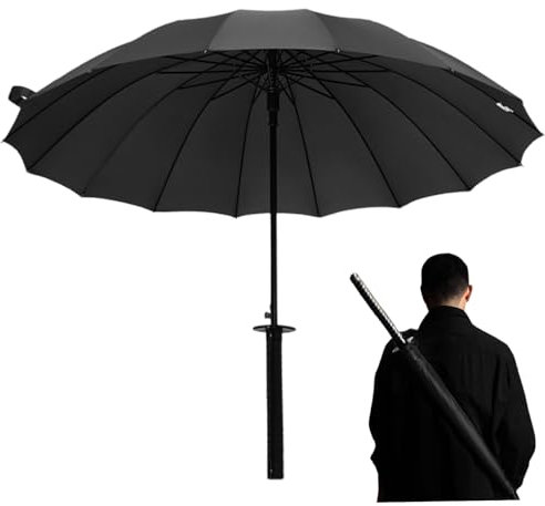 Katana Umbrella Kreatives japanisches Schwert Regenschirm für Cosplay 210t Samurai Regenschirm mit Glasfaserrippen wasserdichte winddichte Regenschirm für Regen, 16 Rippenschwert Regenschirm