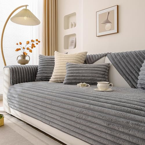 HGTRH Sofabezug Ecksofa L Form rutschfest, Couch üBerzug XXL Wohnlandschaft U Form, Weicher und Warmer PlüSch SofaüBerwüRfe Maschinen Waschbar, Winter Sofa Schutzdecke Grey 90 * 160