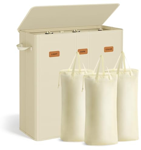 SONGMICS 47.6 Gallon (180 L) Laundry Hamper, 3-Compartment Laundry Basket Sorter with Lid, Labels, Removable Liner Bags, for Bedroom, Cream White URLH013W01