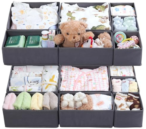 ORLISA Drawer Organiser for MALM Drawers, 14 Pack Grey Clothes Drawer Organisers, Foldable Fabric Dividers for Underwear Socks Bras, 3 Sizes Storage Boxes