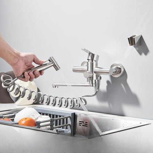 Kitchen Faucet with Bidet Hot and Cold Faucets Folding Water Spout Little Hand Spray Concealed Installion Kitchen Tap Sink Crane,Brushed Nickel,Include:1*Faucet