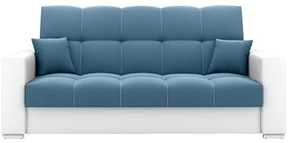 LIKMA Ausziehbar 3 Sitzer Sofa Evita Türkis + Weißes Kunstleder 220x91x85 cm Schlaffunktion Bettzeugbehälter 2 Kissen Sofa mit Bettfunktion Gesteppte Schlafsofa Couchgarnitur