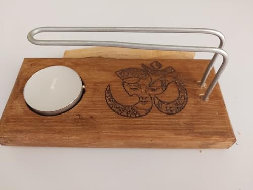 YA-DECOREGALOS Quemador de Incienso Hecho de Madera a Mano con Símbolo OM con Palo Santo y Vela de Té, Armoniza Tus Espacios y Elimina Malas energias Color Roble