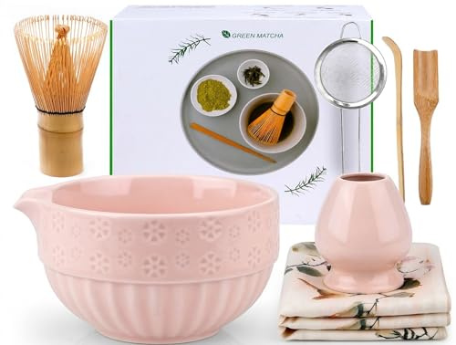 VIBINHO Matcha Kit de 7 Pièces, Matcha Set avec Fouet à Matcha, Bol à Matcha, Support de Fouet, Filtre, 2 Cuillère, Serviette, Coffret Matcha Complet en Design Sakura pour Les Amateurs de Matcha