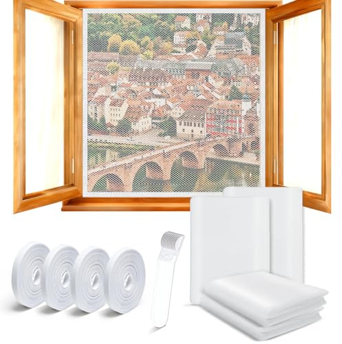 4 Pcs Fliegengitter Fenster, Insektenschutz Fenster 150×200cm, Fliegennetz mit Klettband Selbstklebend, Insektenschutz ohne Bohren,Fliegengitter Dachfenster Zuschneidbar,Fenstergitter für alle Fenster