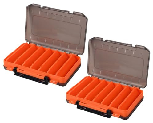 LIANFOND 2 st dubbelsidiga fiskeredskap lådor med 14 fack, beten organiseringsväska med handtag för fisketillbehör, ABS-plast, 19,5 x 13,5 x 3,5 cm (blå)