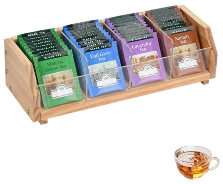 Tea Bag Holder Organizer 4 Compartment Solid Wood Tea Box with Acrylic Dividers to Organize and Store Tea Bag for Countertop, Cabinet, Drawer (Light)