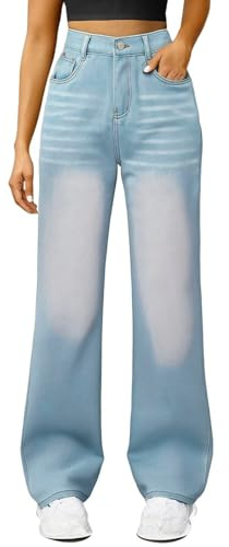Stretchiga raka ben jeans för kvinnor UK magi formande breda ben jeans push-up rumplyft stretchbyxor hög midja avslappnad passform denim byxor med fickor ledig passform, Ljusblått, M