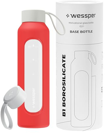 Wessper Botella de Agua Cristal, Botella 500 ml Motivadora con Escala de Hidratación, Botellas de Vidrio Borosilicato con Funda de Silicona, Material Seguro sin BPA - Rojo