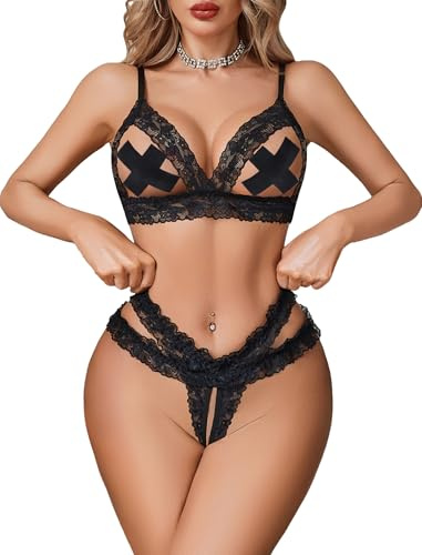 Avidlove Sexy Lingerie for Women Matching Bra and Panty Set 2 Piece Black L | Wireless cup,cheeky thong,floral lace,boudoir shoot outfit,bachelorette party,sweet night, Valentine's Day,Honeymoon gifts