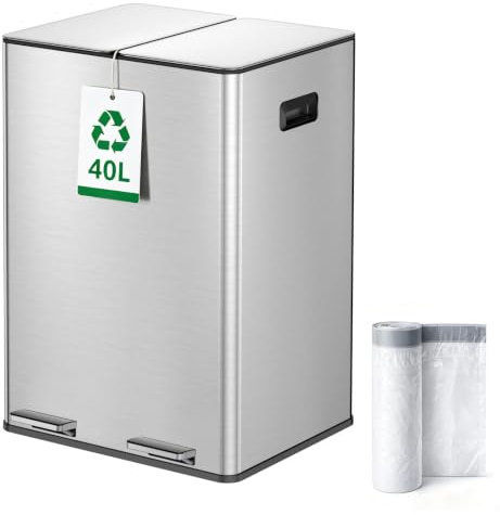 YEAUPE PRO Cubo de Basura Cocina 40L (2 × 20L) con Pedal, Papelera Doble | Reciclaje, Acero Inoxidable, Cierre Suave, Cubos Interiores Extraíbles, Filtro Antiolores, 15 Bolsas Incluidas para Cocina