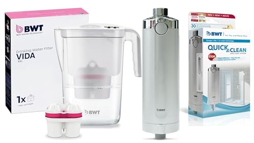 BWT Juego de protección contra la cal: filtro de ducha Quick & Clean + filtro de agua de mesa Vida con magnesio, antical para baño y cocina, incluye 1 cartucho de filtro, filtro de ducha contra la cal