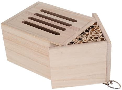 HEALLILY Natural Wood Insect Hotel Wooden Bee House for Garden Outdoor Backyard with Ladybug and Butterfly Habitat, 11x9x21cm Wooden Insect Shelter for Nesting and Observation