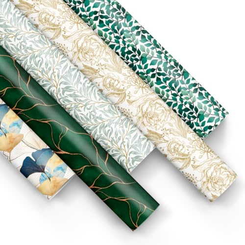 PAW - Papel de regalo 200x70cm - 5 rollos | Mezcla de 5 diseños | Elegante Papel Para Envolver Regalos para Cumpleaños, Bodas, Baby Showers, Fiestas y Regalos - Verde elegante
