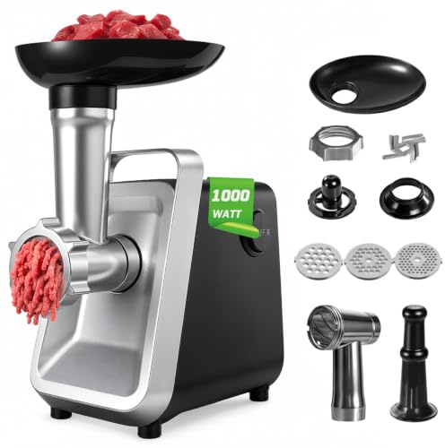 Fushabana Picadora de Carne Eléctrica, 1000W máx Molino de Carne de Acero Inoxidable con 3 Discos Perforados, Embutidora, Fabricante de Kubbe y Kit de Albóndigas, Negro