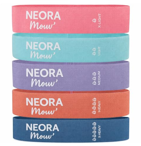 Neora Mouv’ Set de 5 Bandes de Résistance en Tissu – Mini Loop Fitness & Pilates – 5 Niveaux de Résistance – Bandes Élastiques pour Jambes, Fessiers et Corps Complet – Filet et Guide Inclus