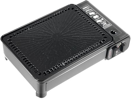 Barbacoa portátil de gas con parrilla y placa de barbacoa, barbacoa de gas para camping, con caja de plástico, lámina de burbujas, cartón de 5 capas, incluye cepillo de barbacoa aleatorio para jardín