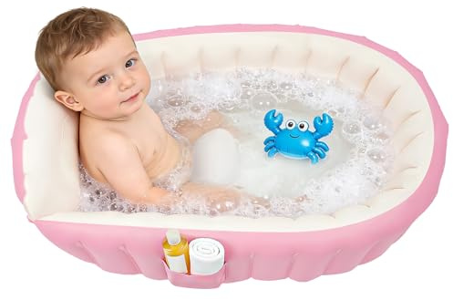 Baby Aufblasbare Badewanne 98x64cm mit Luftpumpe, faltbare Reise-Badewanne für Neugeborene & Kleinkinder, rutschfeste Duschwanne für Zuhause & unterwegs (rosa)