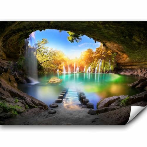 murando - Papier peint panoramique paysage 400x280 cm - Revêtement mural décoration salon - Design moderne - Beige vert bleu turquoise - Arbres pierre coloré paysage eau cascade c-A-0127-a-a